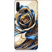 Huawei P30 Lite Uyumlu Telkari Sanatta Mavi Gül  Desenli Silikon Kılıf
