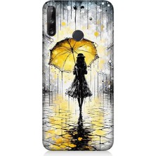 Huawei P40 Lite E Uyumlu Yağmurda Sarı Şemsiye Altında  Desenli Silikon Kılıf