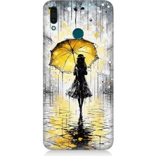 Huawei Y9 2019 Uyumlu Yağmurda Sarı Şemsiye Altında  Desenli Silikon Kılıf