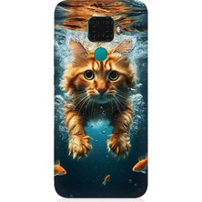 Huawei Mate 30 Lite Uyumlu Suda Yüzen Kedi  Desenli Silikon Kılıf