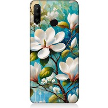 Huawei P30 Lite Uyumlu Işıltılı Beyaz Çiçekler  Desenli Silikon Kılıf