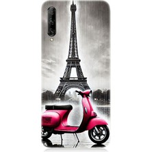 Huawei P Smart Pro Uyumlu Pembe Scooter Eyfel Önü  Desenli Silikon Kılıf