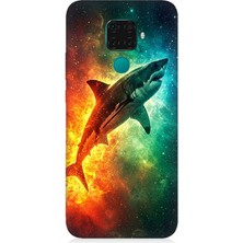Huawei Mate 30 Lite Uyumlu Uzayda Parlayan Yalnız Köpekbalığı  Desenli Silikon Kılıf