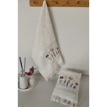 2'li Çiçek Nakışlı Jakarlı Kadife El Yüz Havlusu - %100 Pamuk -Krem