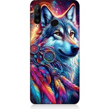 Huawei P30 Lite Uyumlu Renkli Tüylerde Kurt Ruhu  Desenli Silikon Kılıf