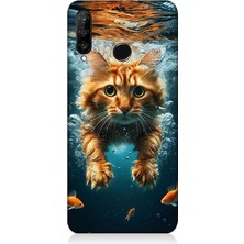 Huawei P30 Lite Uyumlu Suda Yüzen Kedi  Desenli Silikon Kılıf