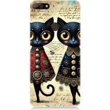 Huawei Y7 2018 Uyumlu Dantel Elbiseli Kedi Dostluğu  Desenli Silikon Kılıf