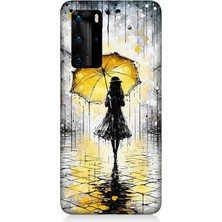 Huawei P40 Pro Uyumlu Yağmurda Sarı Şemsiye Altında  Desenli Silikon Kılıf