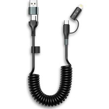 1.8 Metre Araç İçi Spiralli 4in1 Süper Hızlı Şarj Kablosu 60W PD Şarj USB'den Type-C'/Lightning'e Type-C'den Type-C/Lightning Samsung Huawei Xiaomi iPhone ile uyumlu