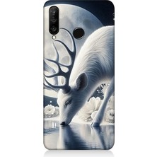 Huawei P30 Lite Uyumlu Ay Işığında Beyaz Geyik Yansıması  Desenli Silikon Kılıf