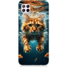 Huawei P40 Lite Uyumlu Suda Yüzen Kedi  Desenli Silikon Kılıf