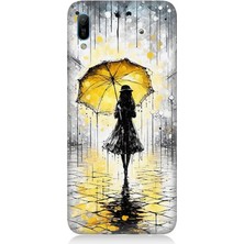 Huawei Y6 2019 Uyumlu Yağmurda Sarı Şemsiye Altında  Desenli Silikon Kılıf