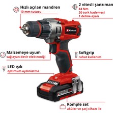 Einhell Akülü Vidalama TE-CD 18/2 Li (2x 2,0 Ah) Power X-Change (18 V, 44 Nm, 10 mm hızlı açılan mandren, 20 tork kademesi, 2 x 2.0 Ah akü ve şarj cihazı dahil) - 4514231