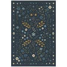 Lacivert Çiçek Desenli Halı – Modern Vintage Tarz | Kaymaz, Yıkanabilir, Evcil & Bebek Dostu