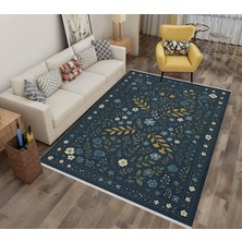 Lacivert Çiçek Desenli Halı – Modern Vintage Tarz | Kaymaz, Yıkanabilir, Evcil & Bebek Dostu