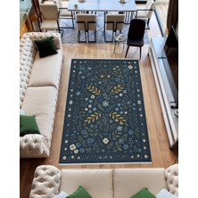 Lacivert Çiçek Desenli Halı – Modern Vintage Tarz | Kaymaz, Yıkanabilir, Evcil & Bebek Dostu