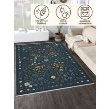 Lacivert Çiçek Desenli Halı – Modern Vintage Tarz | Kaymaz, Yıkanabilir, Evcil & Bebek Dostu