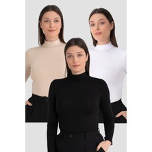 Kadın Beyaz Siyah Ten Balıkçı Yaka Uzun Kollu Body 3 Adet