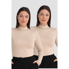 Kadın Ten Balıkçı Yaka Uzun Kollu Body 2'li Paket