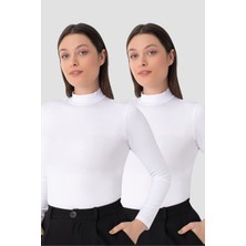 Kadın Beyaz Balıkçı Yaka Uzun Kollu Body 2'li Paket
