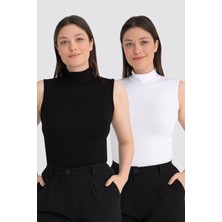 Kadın Beyaz Siyah 2'li Kolsuz Body Balıkçı Yaka