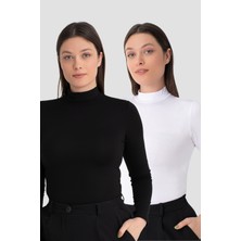 Kadın Beyaz - Siyah Balıkçı Yaka Uzun Kollu Body 2'li Paket