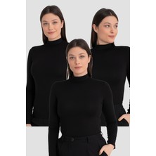 Kadın Siyah Balıkçı Yaka Uzun Kollu Body 3 Adet