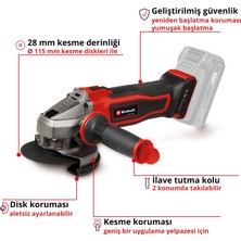 Einhell Akülü Avuç Taşlama TE-AG 18/115-2 Li - Solo Power X-Change (18 V, 115 mm Ø disk, 28 mm kesme derinliği, yumuşak başlatma özelliği, kesme koruması) - 4431166