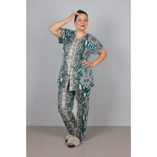 Desenli Likralı Viskon Düğmeli Büyük Beden Pijama Takımı
