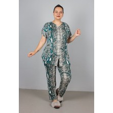 Desenli Likralı Viskon Düğmeli Büyük Beden Pijama Takımı