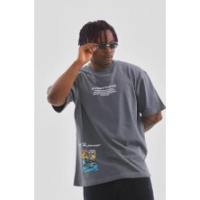 Unisex Bisiklet Yaka Baskılı Oversize T-Shirt