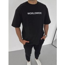 Unisex Bisiklet Yaka Baskılı Oversize T-Shirt