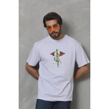 Unisex Bisiklet Yaka Baskılı Oversize T-Shirt