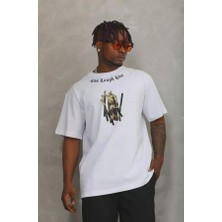 Unisex Oversize Baskılı Bisiklet Yaka T-Shirt