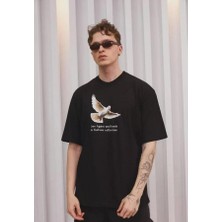 Unisex Bisiklet Yaka Baskılı Oversize T-Shirt