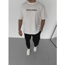 Unisex Bisiklet Yaka Baskılı Oversize T-Shirt