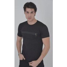 Göğüste Fermuar Aksesuarlı Dar Kalıp T-Shirt