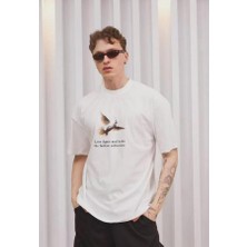 Unisex Bisiklet Yaka Baskılı Oversize T-Shirt