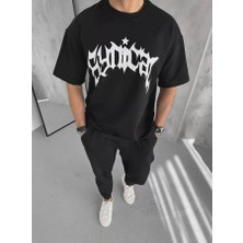 Unisex Bisiklet Yaka Baskılı Oversize T-Shirt