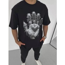 Unisex Bisiklet Yaka Baskılı Oversize T-Shirt