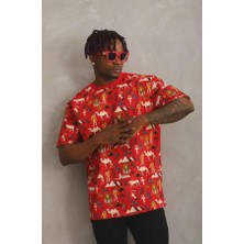 Unisex Oversize Baskılı Bisiklet Yaka T-Shirt