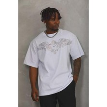 Unisex Oversize Taşlı Bisiklet Yaka T-Shirt