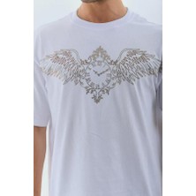 Unisex Oversize Taşlı Bisiklet Yaka T-Shirt