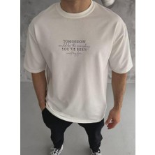 Unisex Bisiklet Yaka Baskılı Oversize T-Shirt