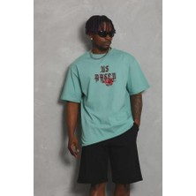Unisex Oversize Baskılı Bisiklet Yaka T-Shirt