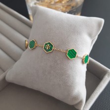 Çelik Gold Renk Yeşil Aksesuarlı Kadın Marka Model Bileklik