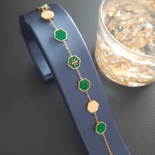 Çelik Gold Renk Yeşil Aksesuarlı Kadın Marka Model Bileklik