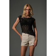 Asimetrik Esnek Transparan Ütü Gerektirmez Dantel Bluz Lace Kadın Kısa Kol Body