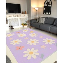 Lofy Halı Papatya Desenli Mor Çocuk Odası Halısı Yıkanabilir 120X180