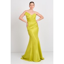 Şeref Vural Kadın Asimetrik Yaka Balık Form Abiye Elbise 8246 Limon